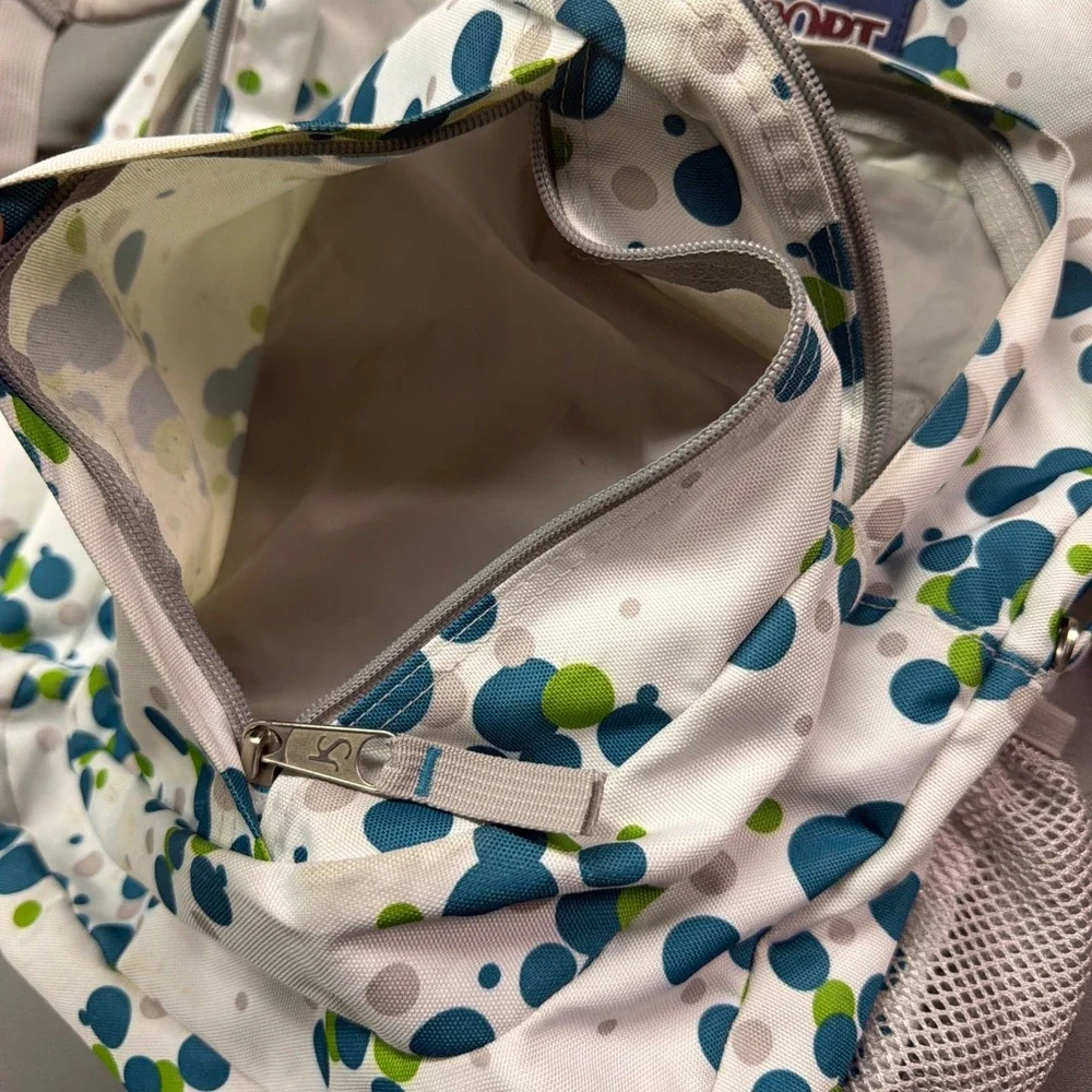 JanSport full-size backpack with a white, green, and blue polka dot pattern‎